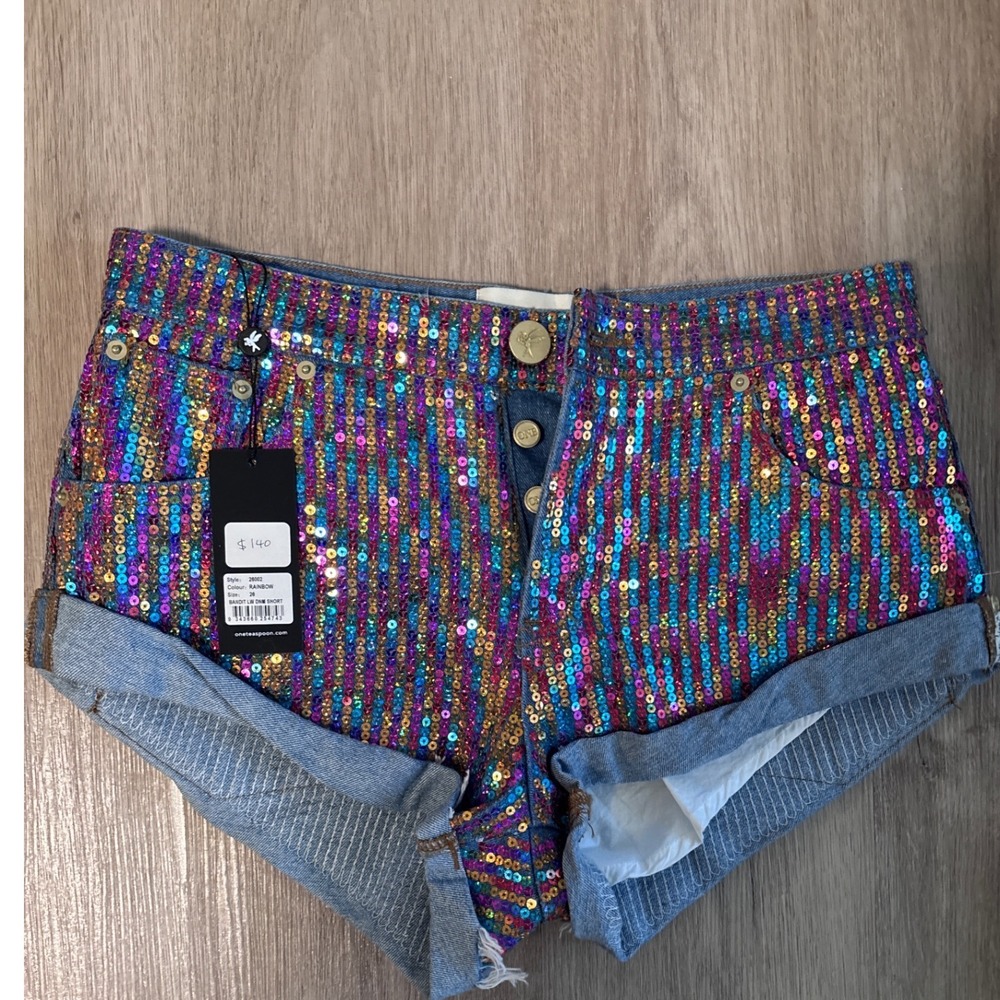 One Teaspoon Bandit Low Waist Denim Shorts Rainbow Sequin 26002 Womens Size 26 - Picture 2 of 5